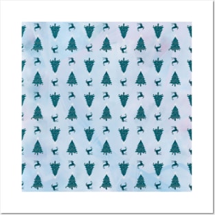 Pretty Teal Green Christmas Trees & Reindeer Pattern on Pink Blue Ombre Posters and Art